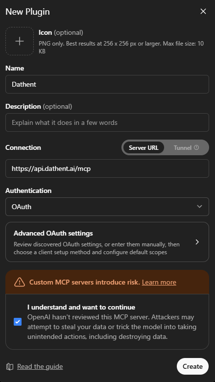 The New Plugin dialog filled in with the name Dathent, the Server URL connection, and OAuth authentication